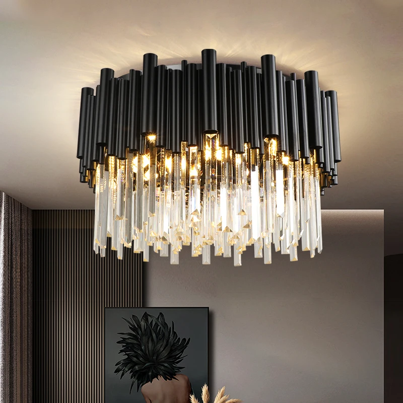 Black Crystal Ceiling Light For Living Room Modern Creative Home Decor Lamp Fixture Luxury Round Design Cristal Bedroom Lustre