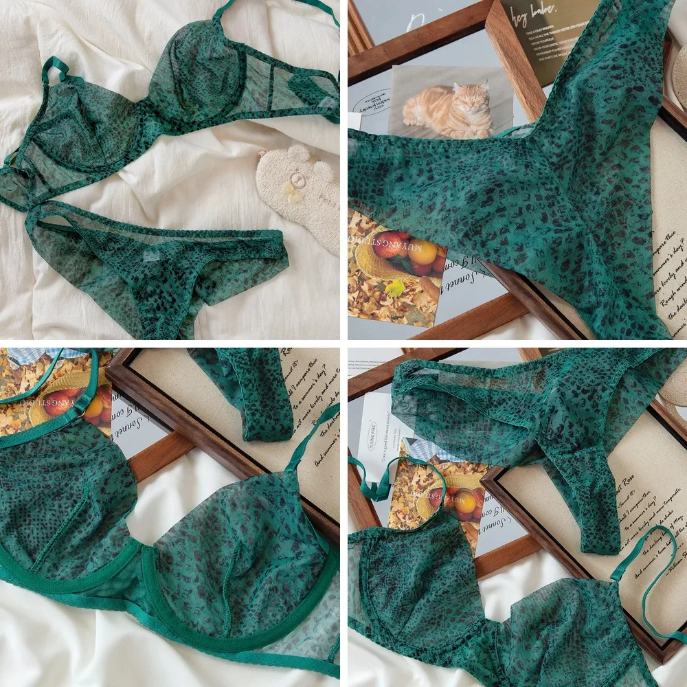 

Mermaid Green Leopard Print Lace Bra & Panty Set, Push Up Sexy Lingerie for Women