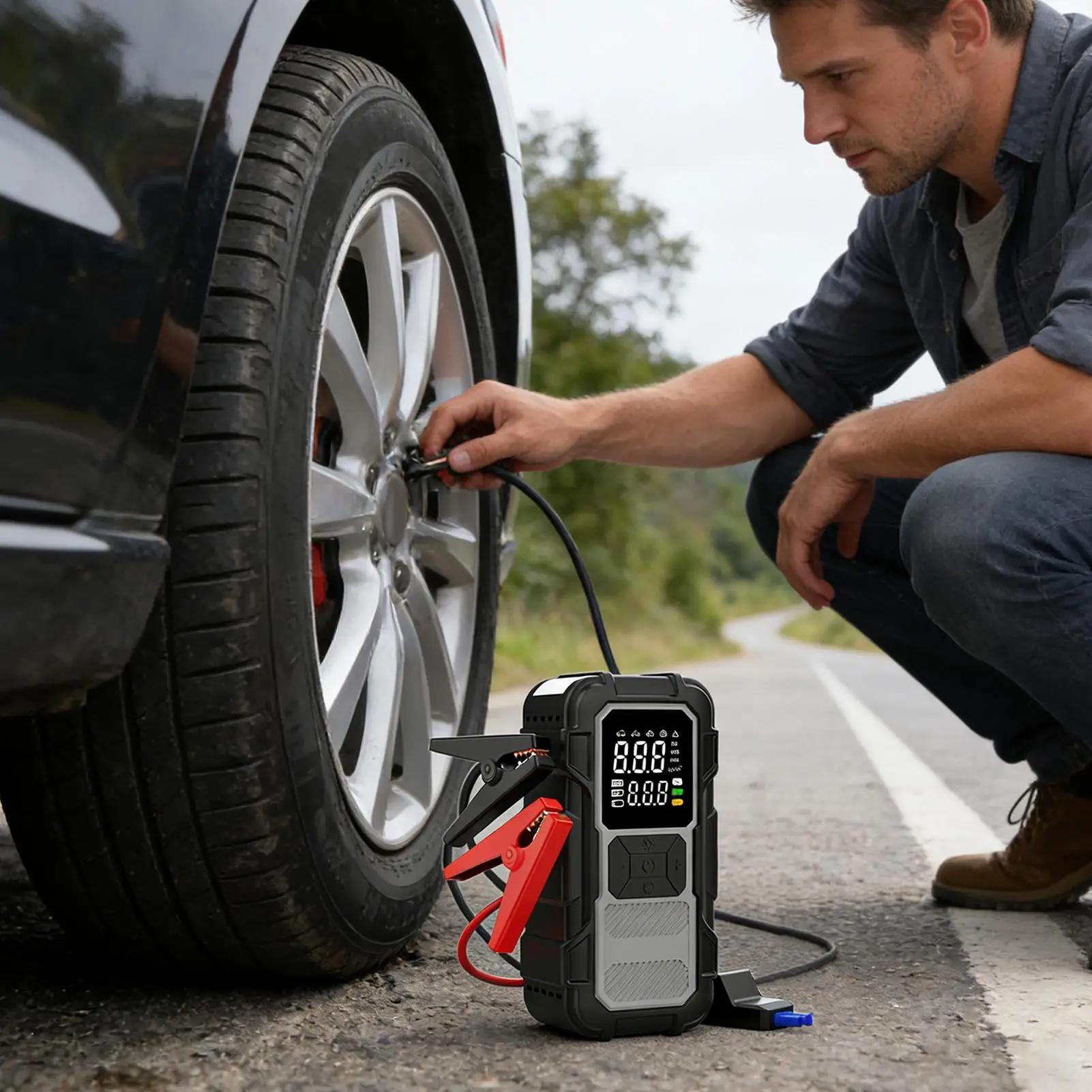 

Car Jump Starter Cold Winter LED Light Power Bank Dead Car Battery Jump Starter For Inflating Tires Long Trips Urban Road