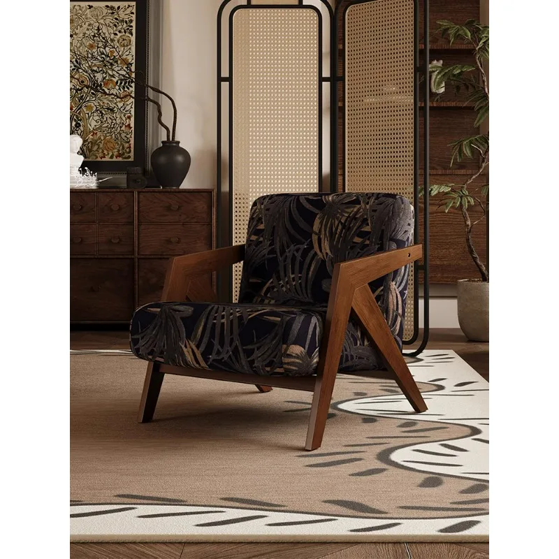 

Wabi **** retro balcony fabric single sofa chair antique solid wood leisure chair in living room