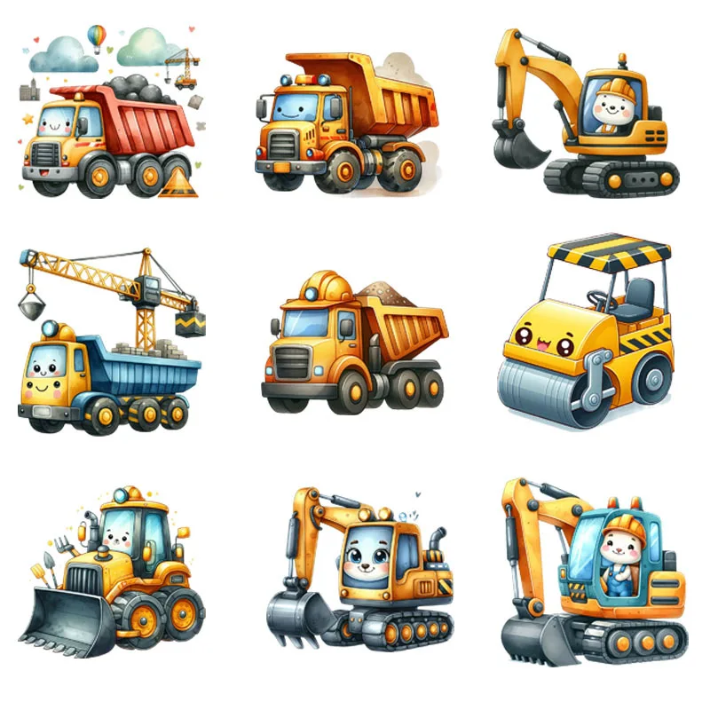 Multi Excavators Heat Transfers For Family Children Clothes DIY Appliques Washable Ironing Sticker Construction Trucks Patches