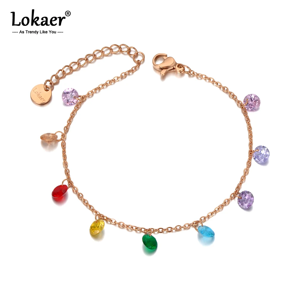 Lokaer 여성용 티타늄 스테인리스 스틸 보헤미아 비치 체인 및 링크 팔찌, 트렌디 컬러풀 CZ 크리스탈 참 팔찌, B20114