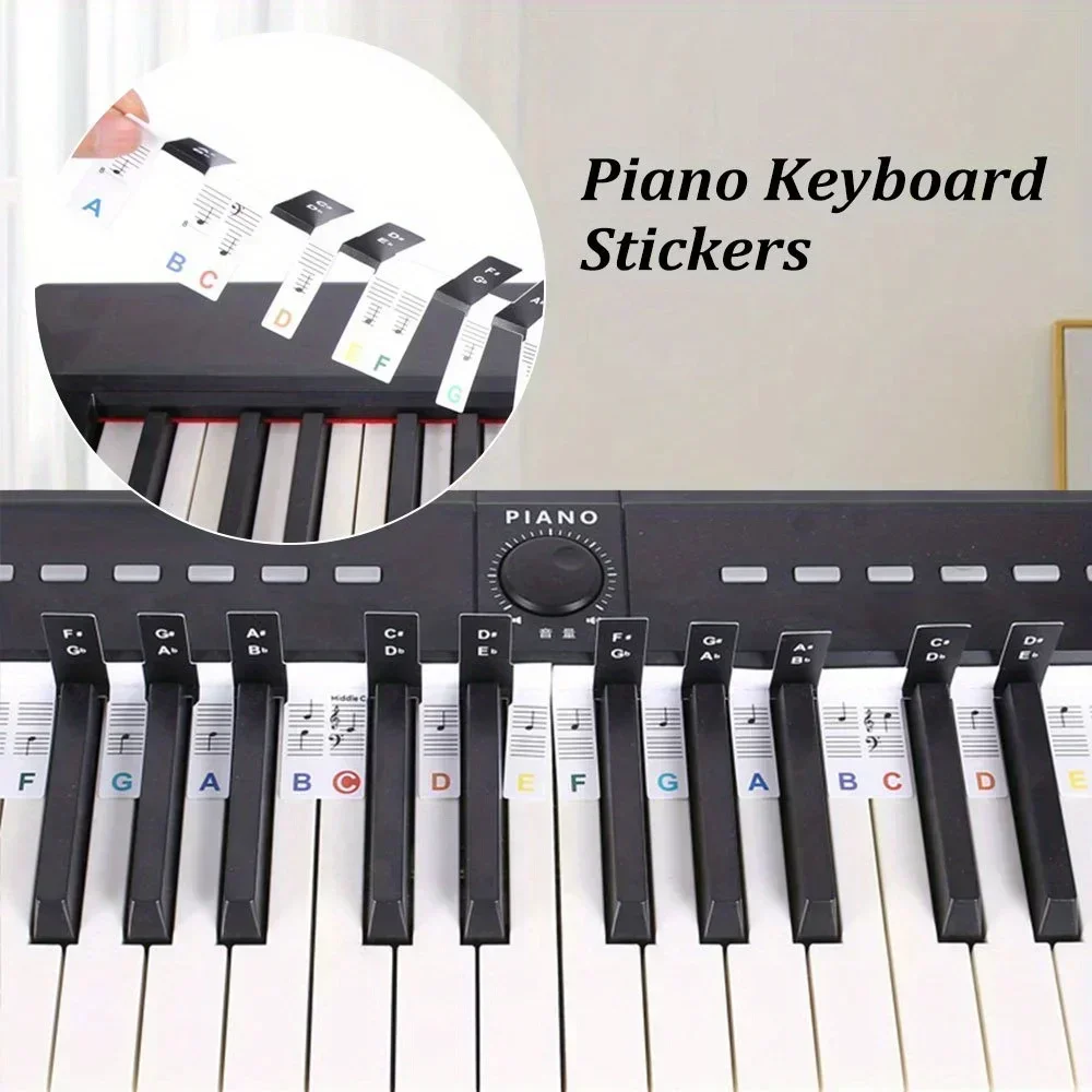 Teclado piano adesivos, 88 teclas, grande, removível, letras, notas rótulo para iniciantes