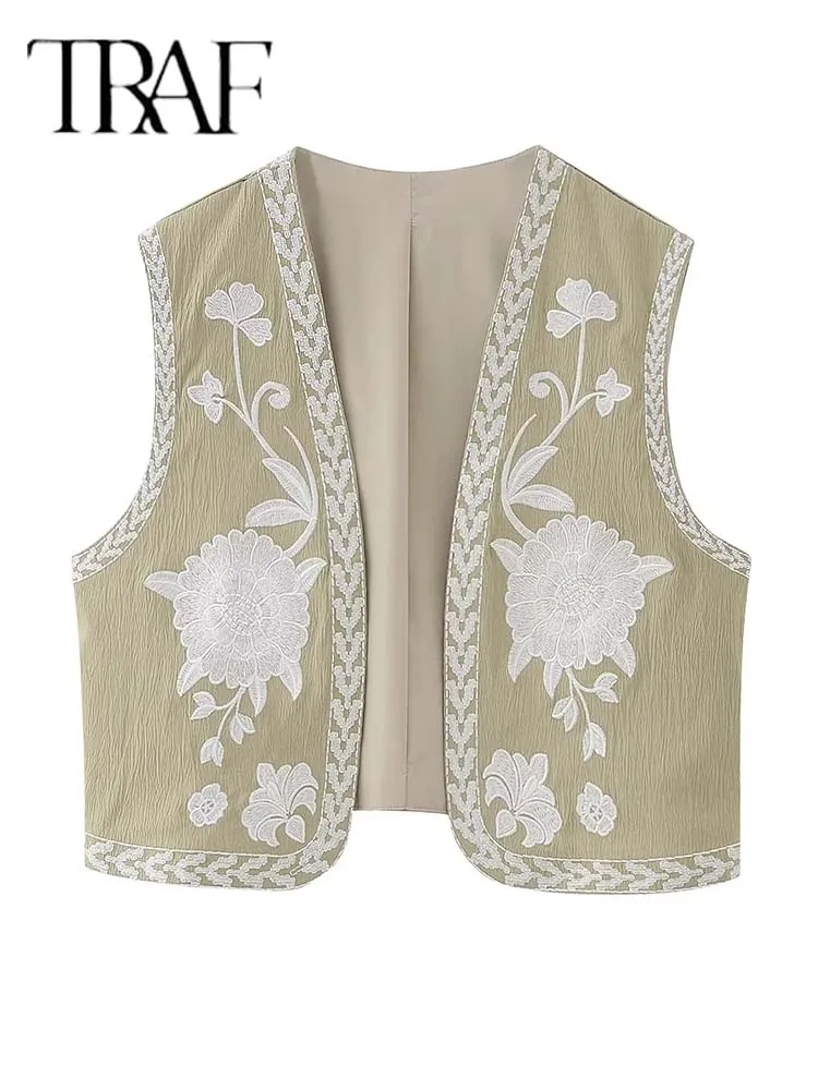 TRAF 2024 Women Fashion Floral Embroidery Vest Vintage Sleeveless Waistcoat Ouertwear Female Streetwear Chic Vests Tops