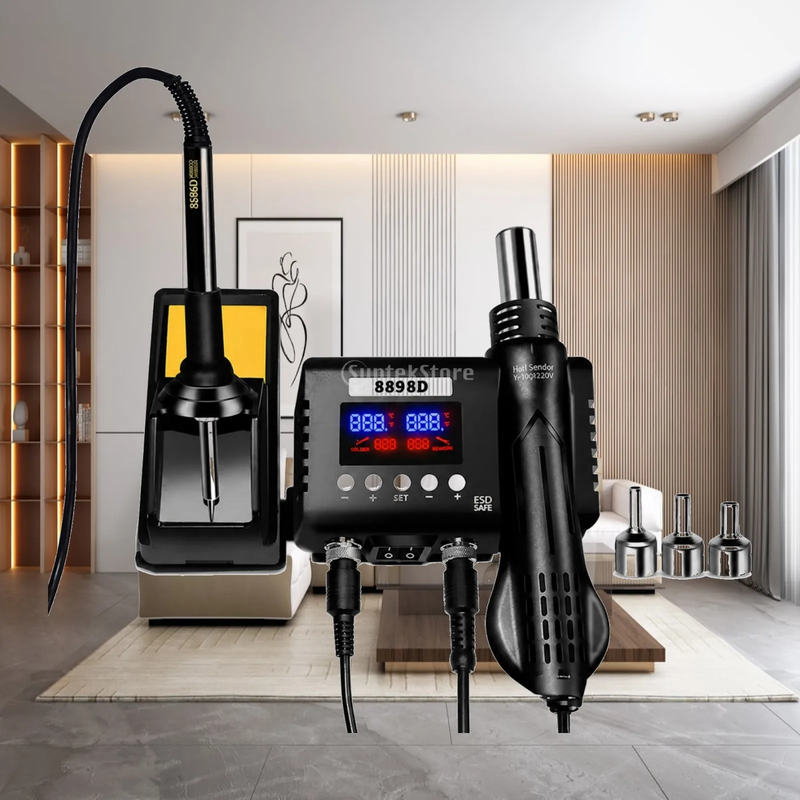 8898D Digital Soldering Station Electric Iron Hot Air Rework Unit with Front Buttons and Holder for Component Level Circuit Work