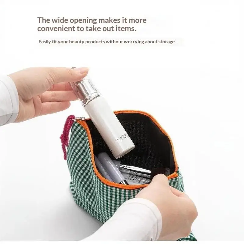 Koreanische karierte Make-up-Tasche aus Baumwolle mit großem Fassungsvermögen, Reißverschluss, Kosmetik-Aufbewahrungstasche, tragbare Reisewaschtasche für Mädchen, Geschenk – Detail 10