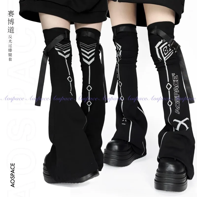 Japanese Women's Socks Self-Made Electronic Print Over-the-Knee Slightly Flared Reflective Leg Warmers Unisex Autumn Foot Warmer