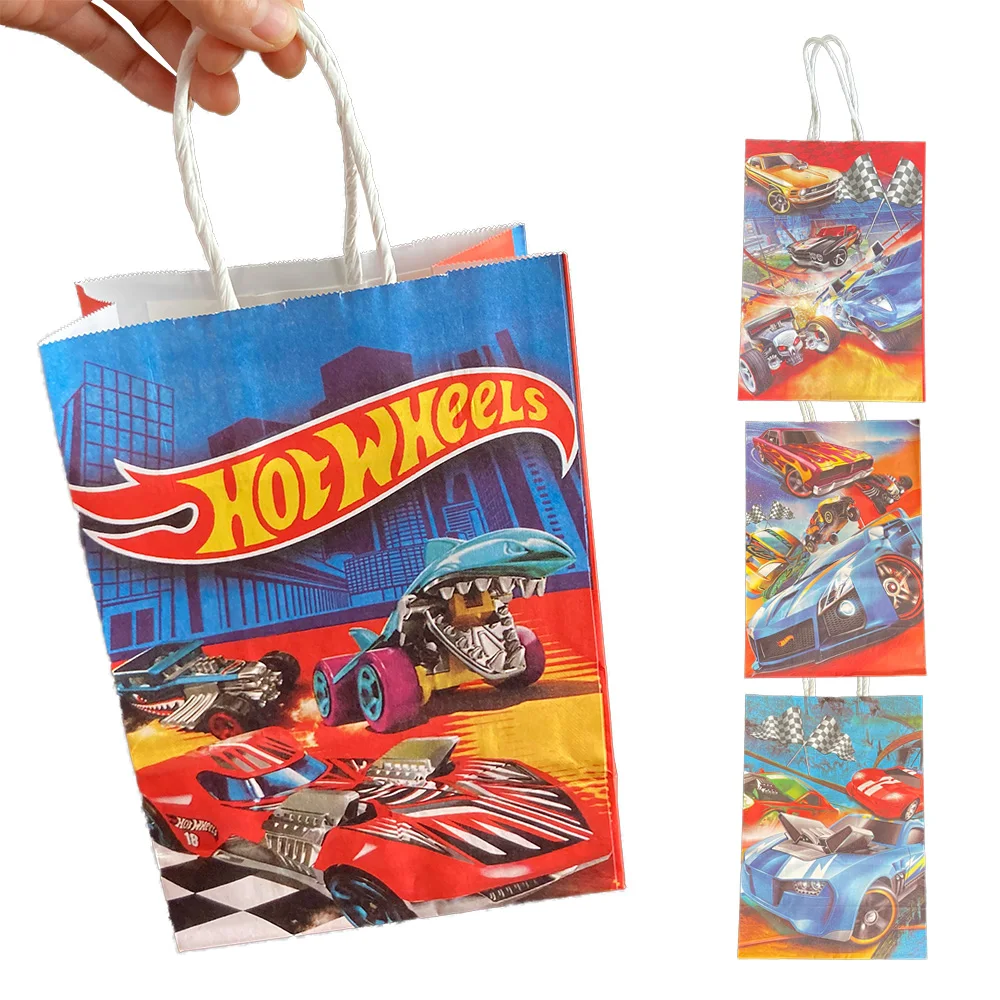 

16pcs/Set Hot Wheels Party Decorations Favors Paper Bags with Handle Race Car Birthday Gift Bag Treat Goodies Supplies Decor