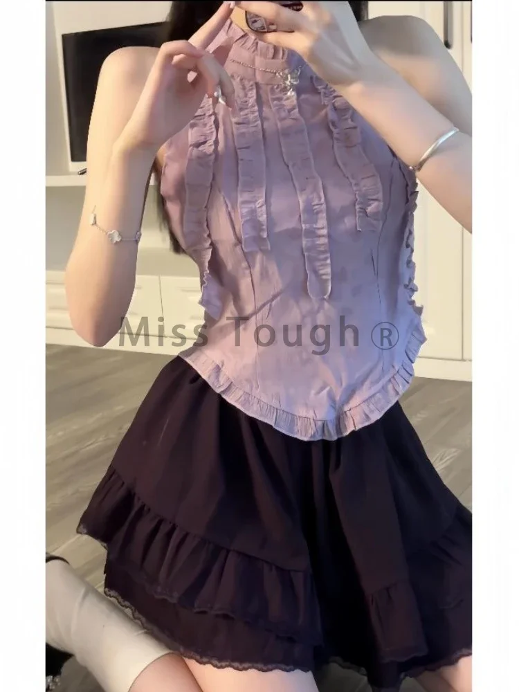 Fashion Elegant Solid Thin 2 Piece Set Women Design Sweet Sleeveless Off Shoulder Tops + Chic High Waist Ruffle Short Skirt New