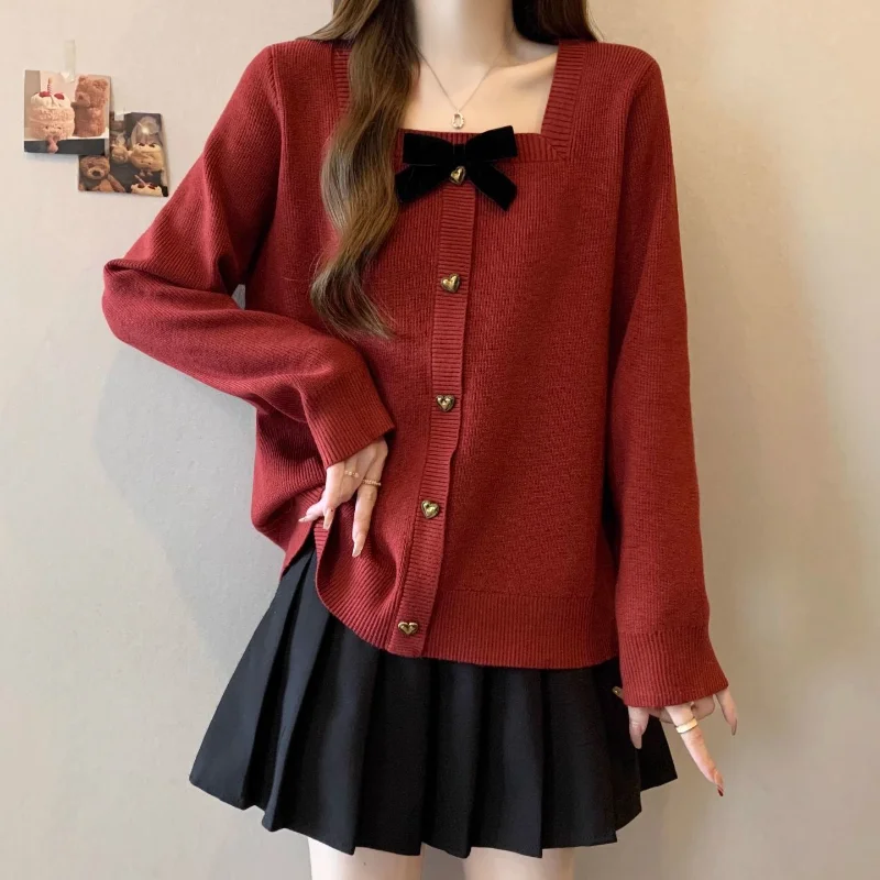 Autumn and Winter Bow-reducing Age-reducing Sweater Loose Base Square Collar Long-sleeved Top