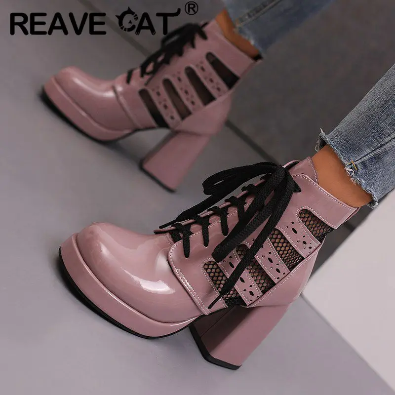 REAVE CAT Fashion Women Ankel Boots Toe Block Heels Platform Lace Up Size 42 43 Leisure Daily stivaletti estivi femminili