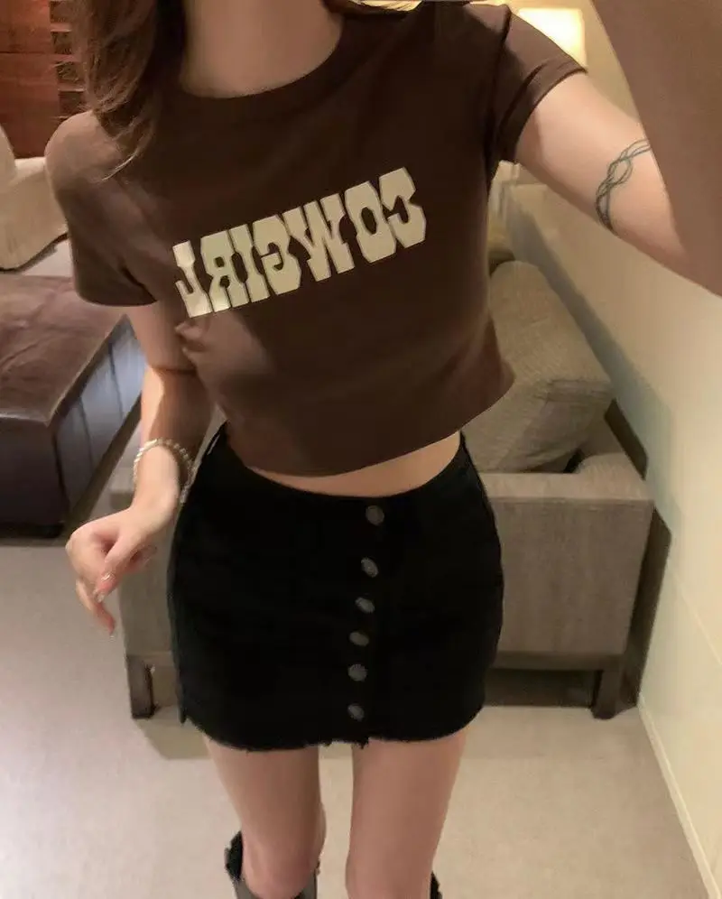 Summer Fashion Short Sleeve T-Shirt Women Simple Casual Soft Basic Crop Tops Punk Cowgirl Letter Print Tees Skinny Tops