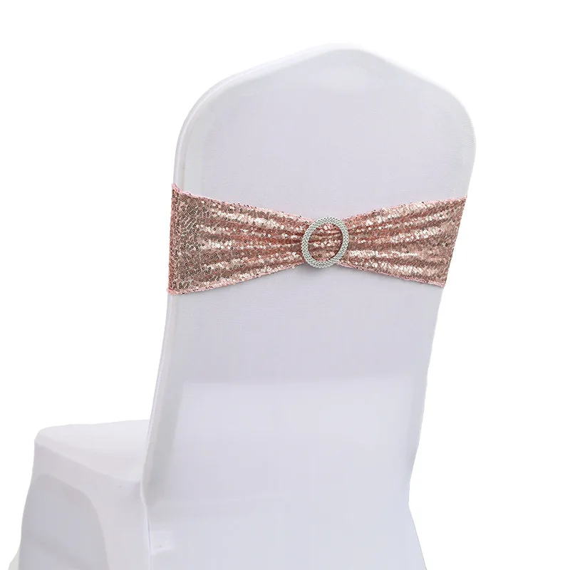 Wholesale 10/50/100pcs Elastic Spandex Chair Sash Sequin Band With Round Buckle For Wedding Hotel Banquet Decor Party Favor