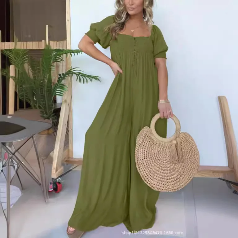 

Women's Loose Casual Wide Leg Jumpsuit Summer Fashion Square Neck Short Sleeves Solid Jumpsuits Ladies Beautiful One-piece Pants