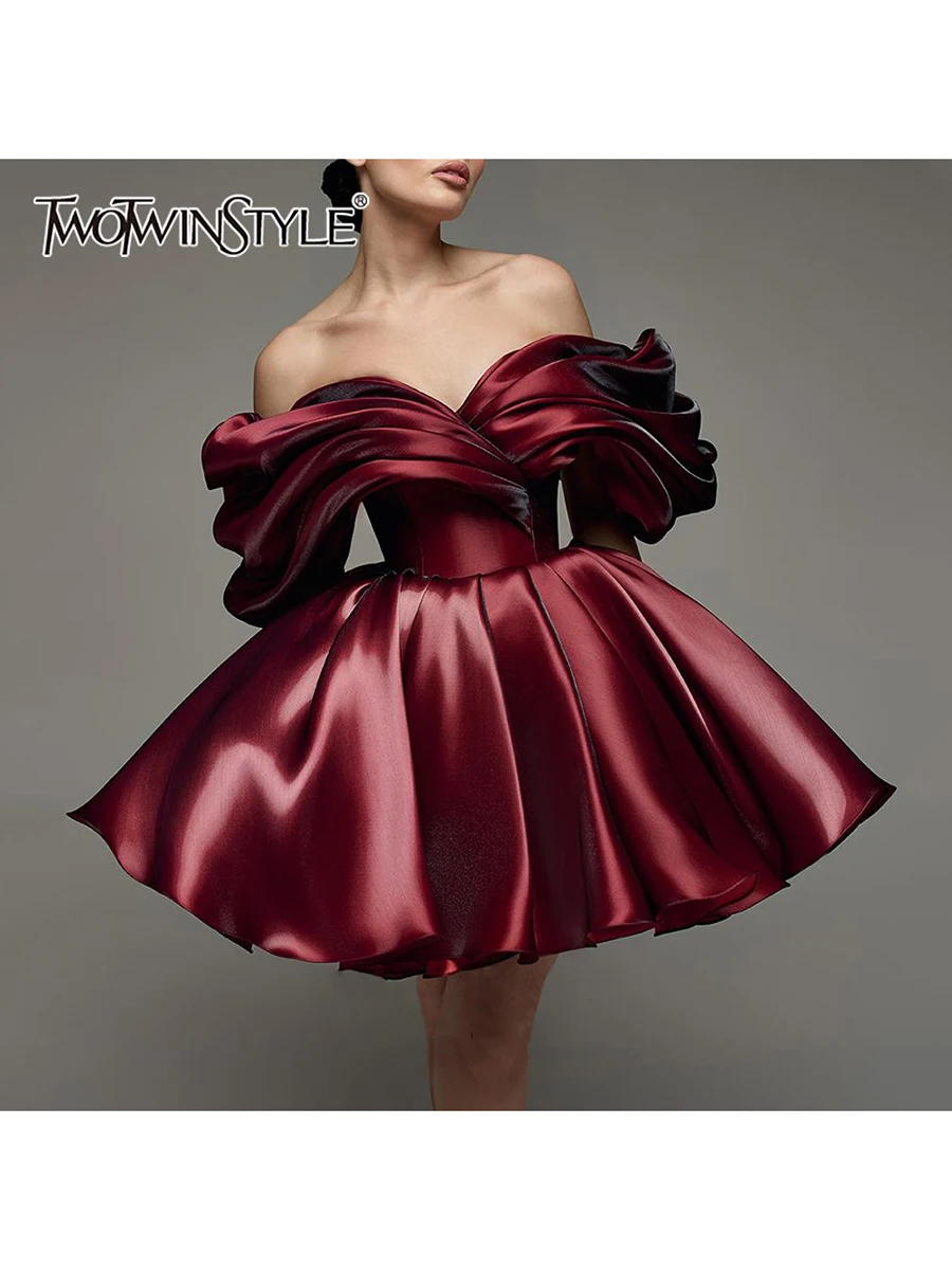 

Элегантное атласное платье TWOTWINSTYLE с драпировкой и короткими рукавами, с вырезом на шее, завышенной талией, для женщин, новинка