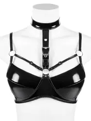 S-3XL Halter Shiny Faux PU Leather Bustier Top Tights Bikini Crop Tops Cropped Croptop Sexy Clubwear Sleeveless Breasted Camis