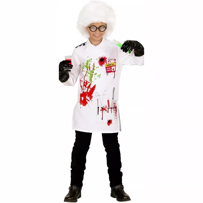 Kids Mad Crazy Scientist Costume for Boys Girls Evil Doctor Lab Coat Outfit Cosplay Halloween Professional Performance Clothes