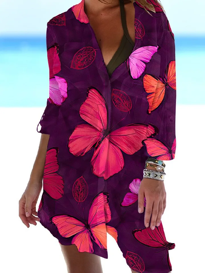 New Hawaii Leaves Butterfly 3D Print Women's Floral Blouses Long Sleeve Mid-length Shirts Buttons Shirt Blouse Female Girls Tops