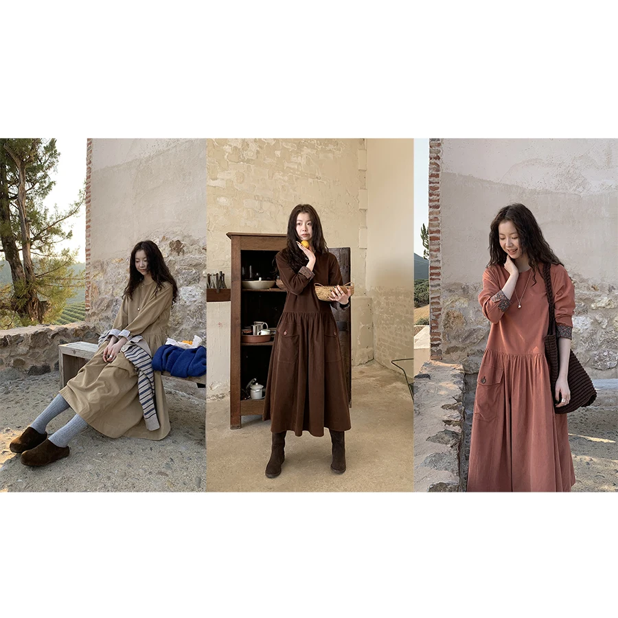 

HelloooEat Japanese Sle Long Sve Velvet Dr Floral Patchwork Slimming Design Mid-Length A-Line Cotton Gown for Women