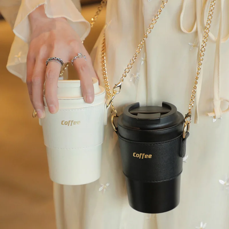 

Portable Stainless Steel Thermos Bottle 350/500ml with Chain Strap PU Leather Holder Protective Cover Milk Tea Cup/Coffee Mugs