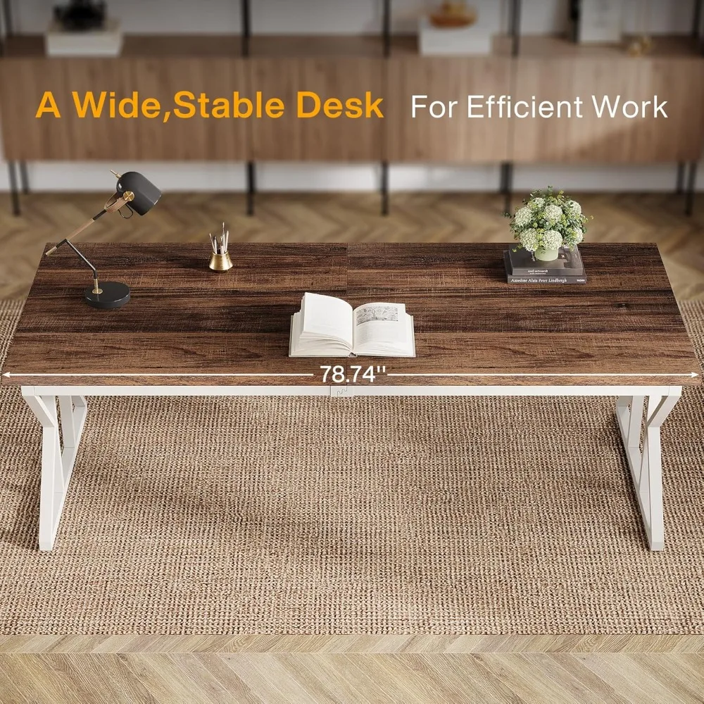 مكتب تنفيذي كبير 78.74 بوصة، مكتب كمبيوتر مكتبي منزلي صناعي، طاولة دراسة بسيطة طويلة للكتابة أثاث الأعمال (الصدأ)