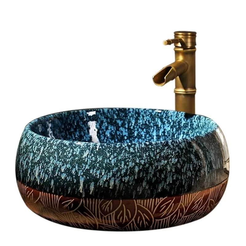 Designer Sink Bathroom Furniture Retro Ceramic Basin New Chinese Bathroom Sinks Creative Kiln Light Luxury Countertop Sink