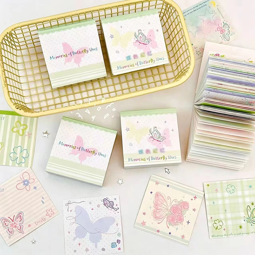 120 sheets Butterfly Memory Mini Memo Book, Square Colored Butterfly Rose Star chasing Collage Bottom Memo Paper