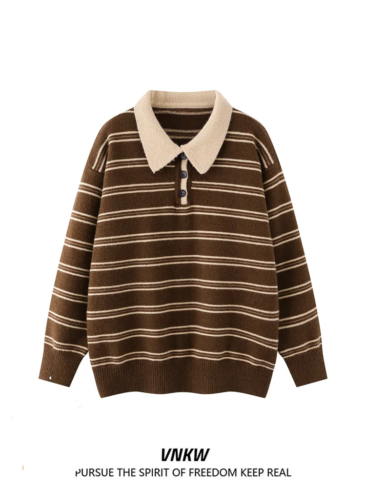 

Retro American Color Blo Ne Striped Sweater Loose Couple Lazy Sle Knitted irt Men Women Autumn Winter Warmth