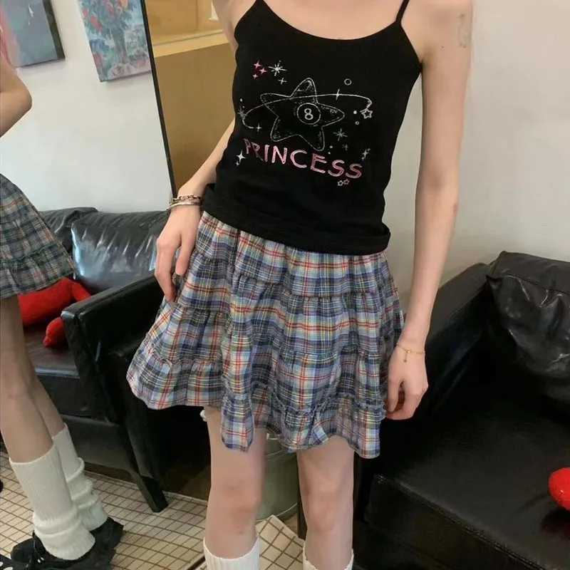 Deeptown Plaid Skirt Women Mini Skirt Japanese Style Ruffle Layered Short Skirts Cute Streetwear Vintage Harajuku Preppy Skirt