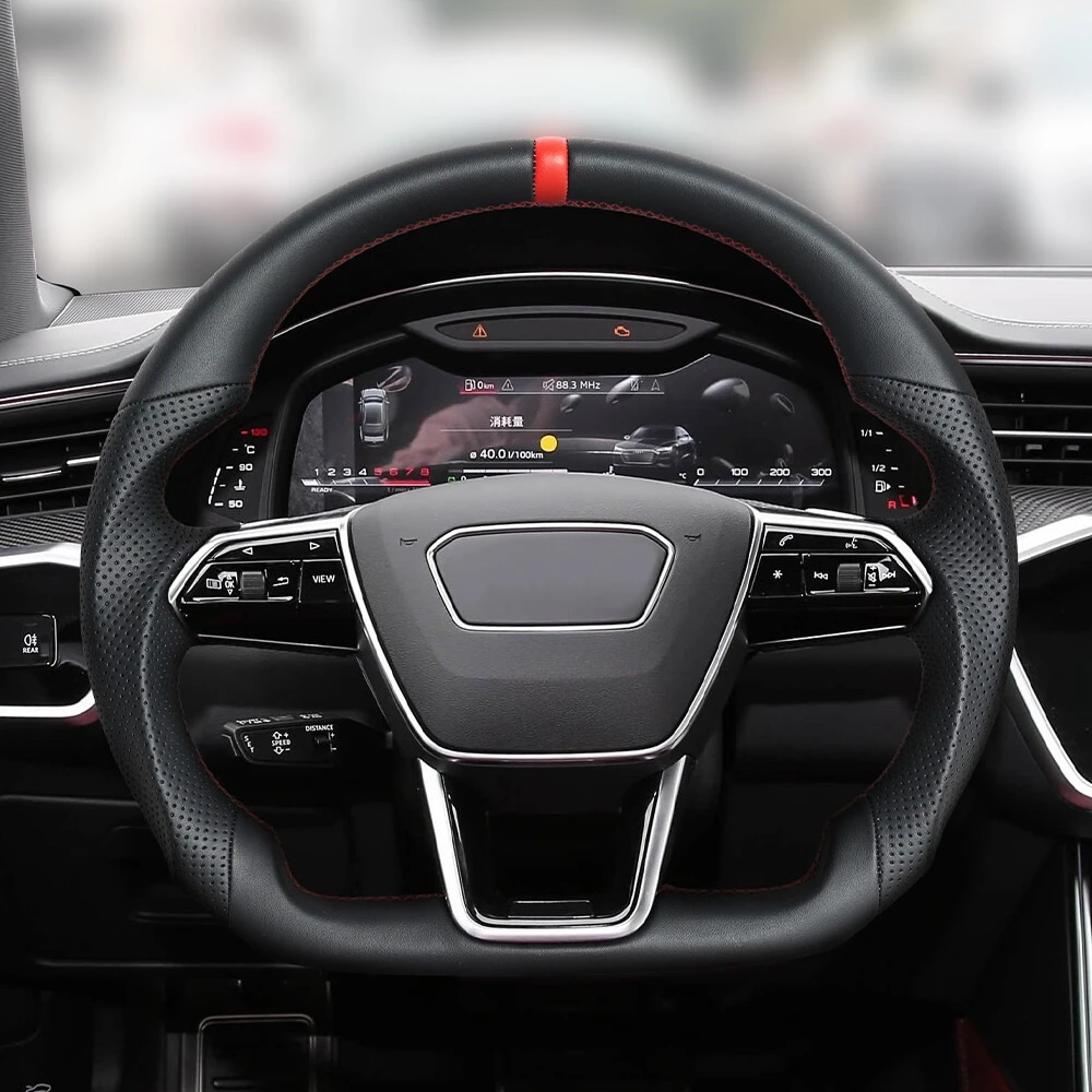 

Full Leather Steering Wheel D-Style Bottom Design Red Center Line Fit For Audi A6 S6 A7 Q8 RS6 2019-2024 Car Upgrade Accessories