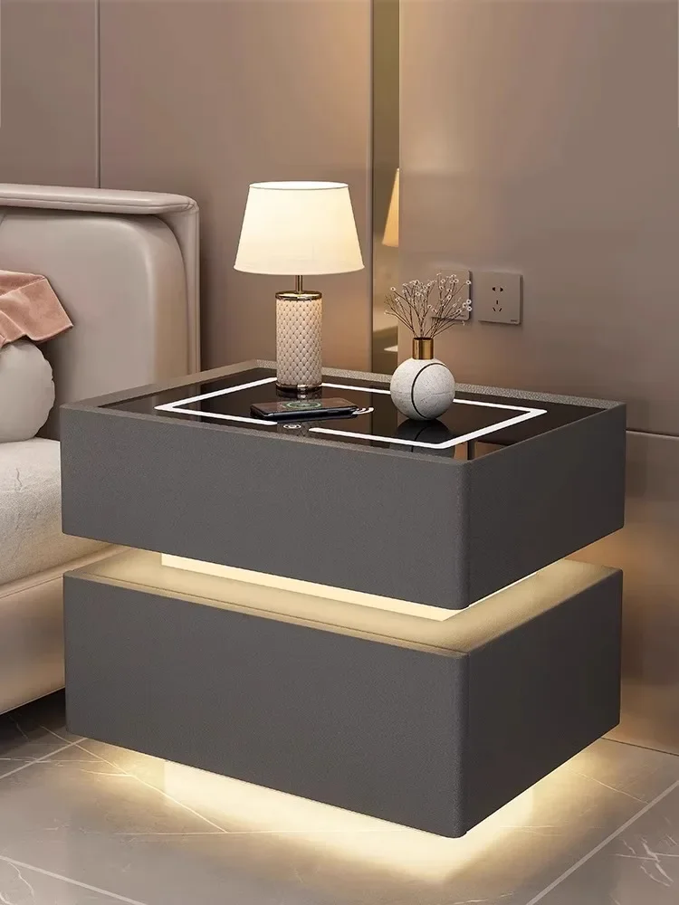 Cream style smart bedside table with lights, wireless charging sound system, multifunctional homestay, light luxury