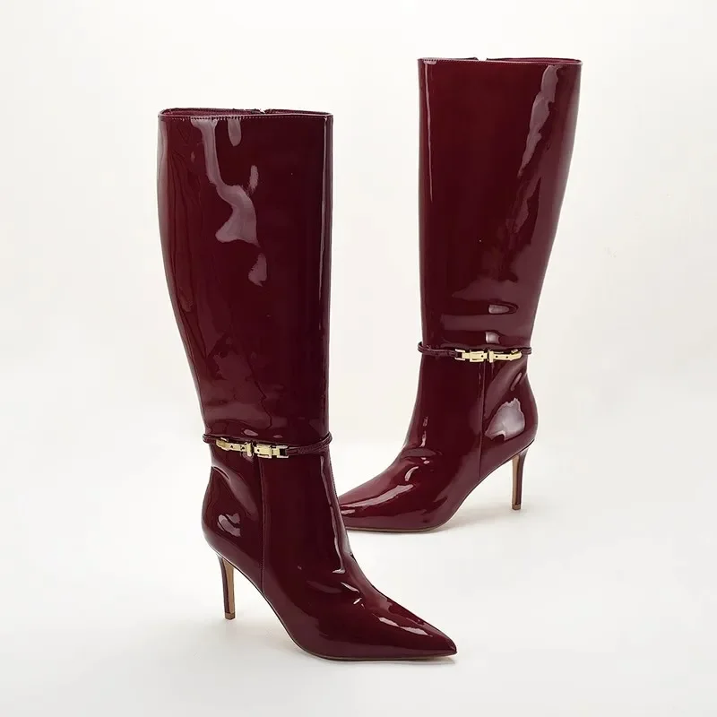 

High-Top Boats Female New Burgundy Wine Red Patent Leather Women's Long Boots Pointed Toe Stiletto High Heels Belt Buckle Zipper