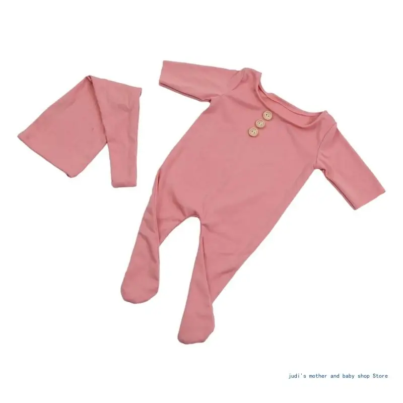 2 stks/set pasgeboren babyknopen romper jumpsuit met geknoopte hoed foto prop outfit