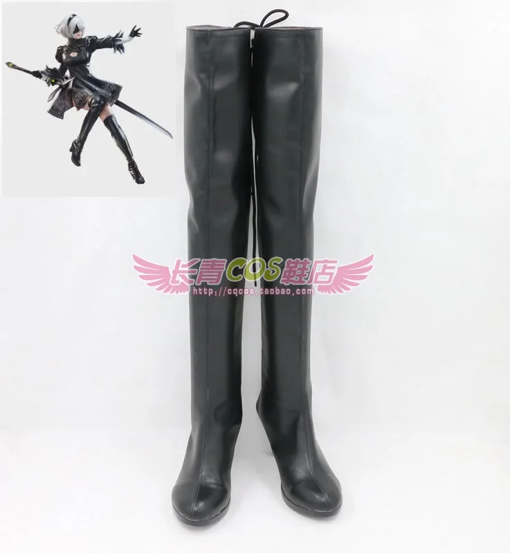 2B Cosplay Shoes Boots Anime Game Halloween Knee Length PU Leather Black Boots High Heels