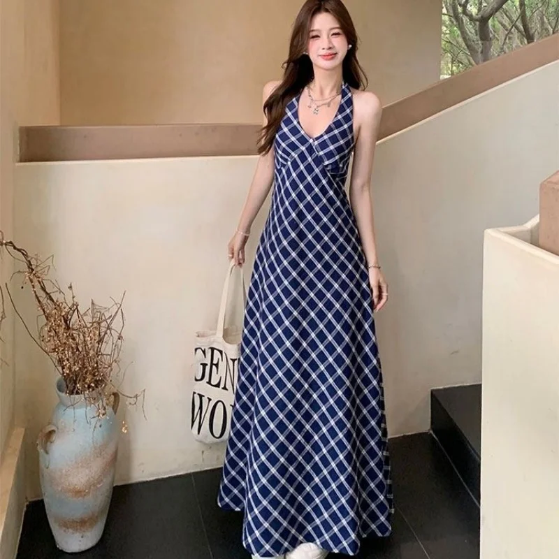 Damen Maxikleid mit Karomuster und Neckholder, Vintage-Stil, Blau, Sommer, Schlanker Schnitt, Urlaubskleid