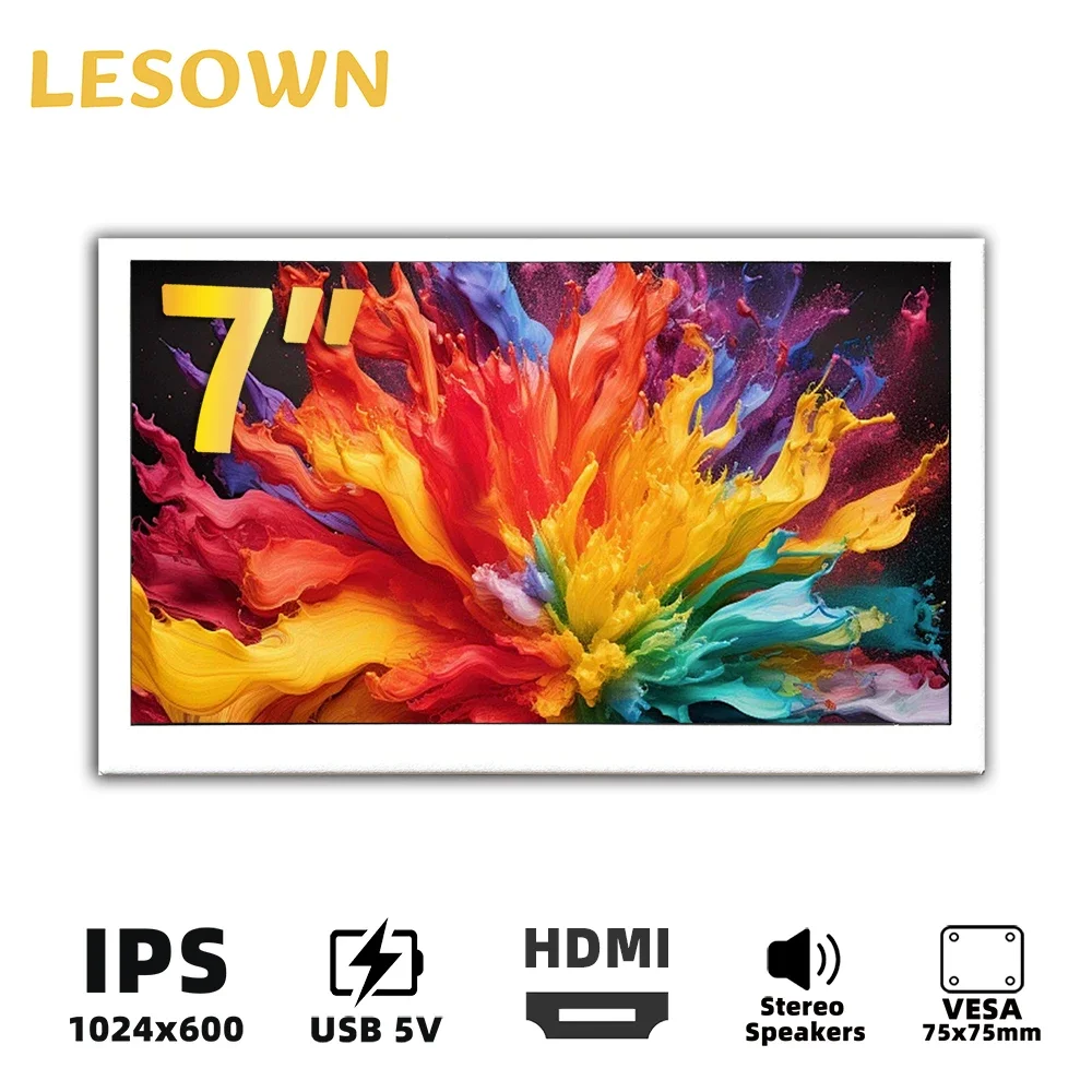 LESOWN HDMI Monitor White 7 inch IPS LCD Capacitive Touch Screen 1024x600 Resolution Small mini Display Built-in Stereo Speakers