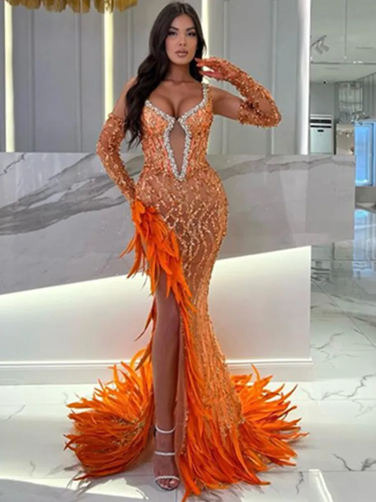 

Luxury Prom Gowns Women Elegant Orange Sleeveless V Neck Sequines Embroidery Open Leg Feathers Maxi Long Party Dress with Gloves