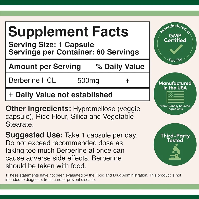 Suplemento Berberina 500mg, ativador AMPK 60 cápsulas apoia o envelhecimento saudável para vegetais, sem OGM, sem glúten