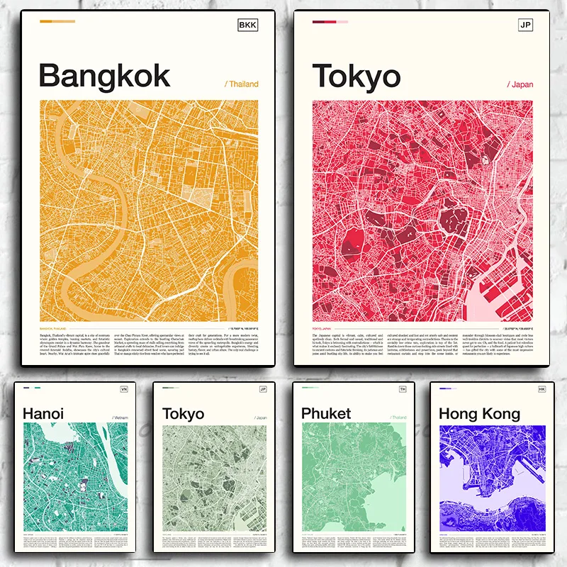 بانكوك هانغتشو هونغ كونغ طوكيو سيول خريطة السفر المشارك طباعة صور فنية للجدران قماش اللوحة غرفة نوم ديكور المنزل هدية #1