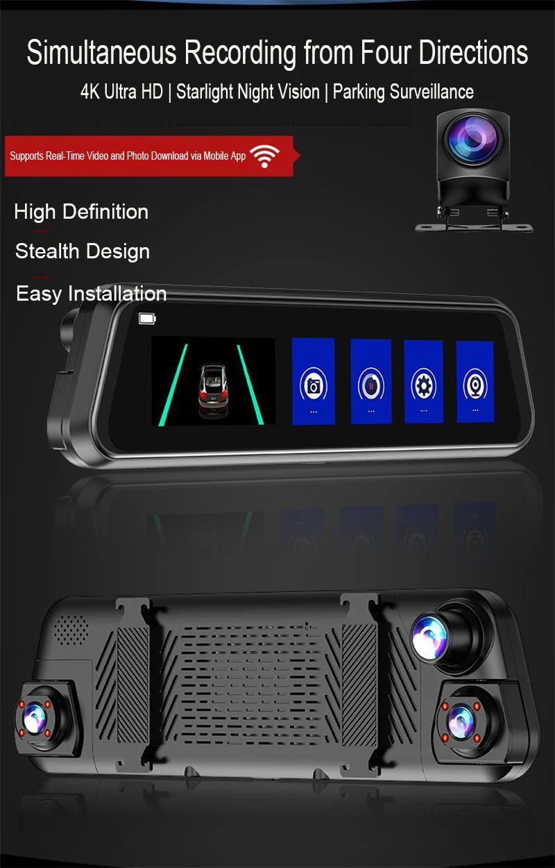 Streaming-Dashcam mit 4 Linsen, Voll-Touchscreen, App-Steuerung, 24-Stunden-Parkmodus, Nachtsicht, Bewegungserkennung, G-Sensor, Zeitraffereffekt, Privatsphäre-Aufzeichnung – Detail 2
