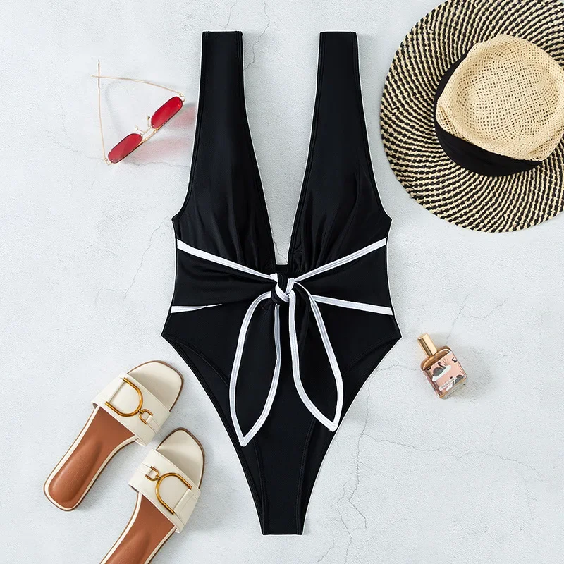 Sexy Black Backless Big Bow Swimwear Woman 2025 One Piece Swimsuits Deep V Neck Bathing Suit High Cut Bathers Swimming Wear Suit