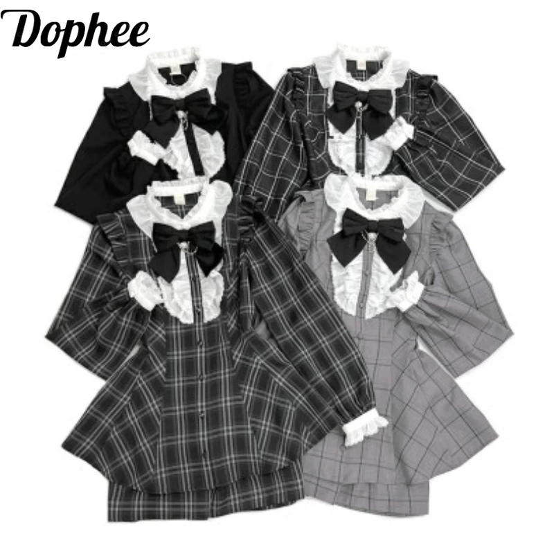 Dophee Japan Style Women Two-piece Set Vintage Plaid Love Bow Elegant Ruffles Shirt Dress Gothic Subculture Shorts Skirt Suits