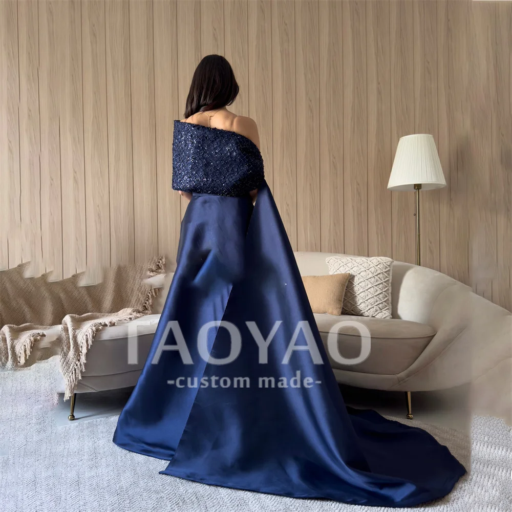 Charming A Line One Shoulder Evening Dresses Navy Blue Elegant Party Dresses With Sequins Prom Gowns Robe De Soirée Vestido