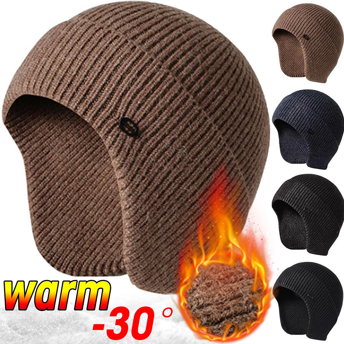 

Winter Ears Protected Hats for Men Thicker Beanies Knitted Cap Autumn Cycling Beanie Women Fleece-lined Warmer Bonnet Solid Cap