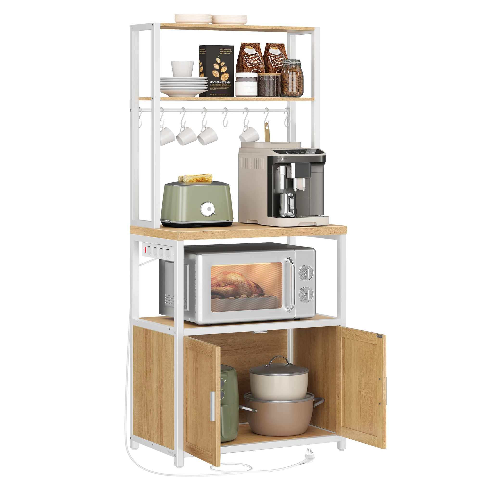 Keukenrek met stopcontacten, Keukengarderobe, 90 cm hoog Werkbord, 8 haken Staande plank, Vinta-gebrouwen matzwart