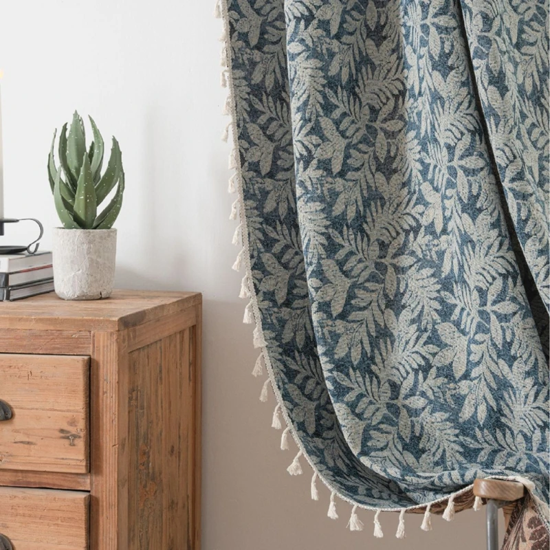 

Living Room Bedroom Curtains Blue Leaf Jacquard Fringe Curtain Finished Kitchen Drapes Bay Window Semi-blackout Valance