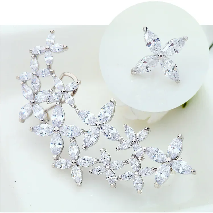 Fashion Jewelry New  Crystal from Austrian Asymmetric Creative Flower Silver Needle Ear Bone Clip Earrings For Woman