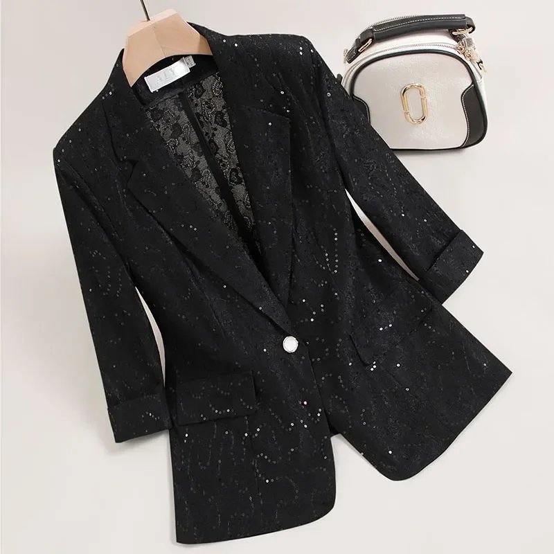 

Women Black Lace Blazer Sequin Embellished 3/4 Sleeve Sheer Back Office Blazer Jacket Casual Work Outerwear