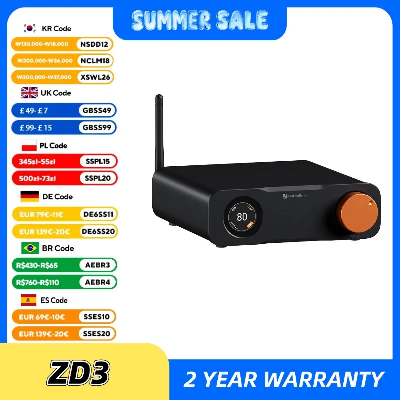 Fosi Audio ZD3 Bluetooth USB Desktop DAC ARC Input, ES9039Q2M W pełni zbalansowany dekoder cyfrowy do wzmacniacza stereo z pilotem