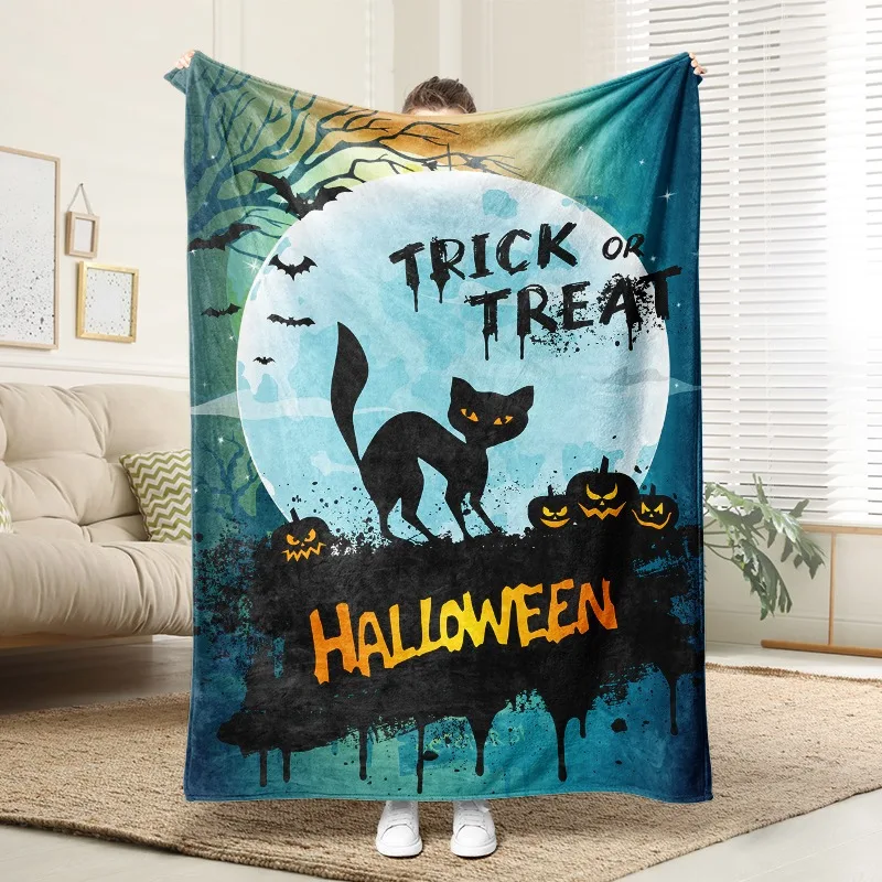 

Halloween Black Cat Pumpkin Flannel Blanket Soft Plush Cozy Sofa Bed Decor Trick or Treat Gift